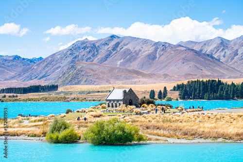 views of the good sheeper church in tekapo lake, new zealanda