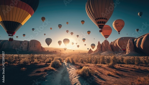 Landscape sunrise with set colorful hot air balloon fly in sky with sunlight. Generative AI