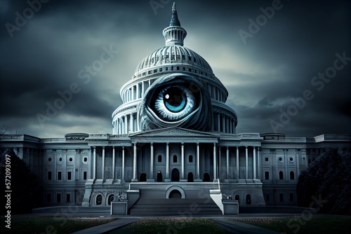 Government capitol building with evil looking face in the design representing big brother with government overreach. Created with. Generative AI