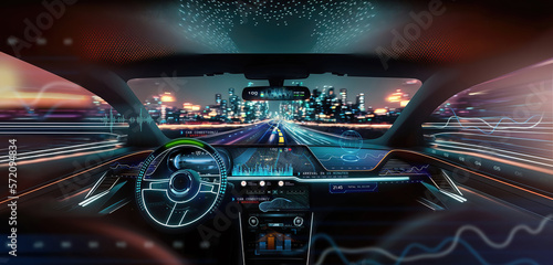 autonomous futuristic car dashboard view at night with hologram screens wide banner