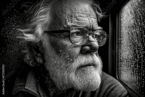 elderly man's creative self-portrait captured in black and white, generative ai