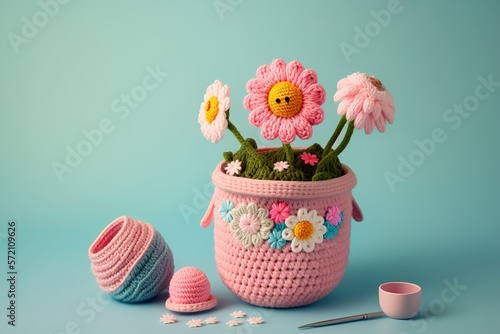 Flower pot made by crochet knitted technique. Crafts and hand made leisure activities. Generative AI illustration