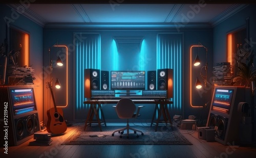 Interior of recording studio home, music studio, estúdio de música, GENERATIVE AI