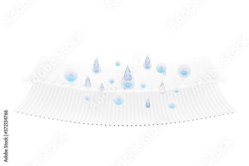 3d synthetic fiber hair absorbent layer with sanitary napkin, ventilate shows water droplets for diapers, baby diaper adult concept isolated. 3d render illustration