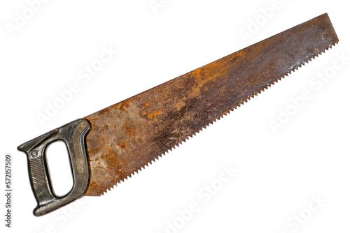 An old rusty hacksaw for sawing wood. Rusty saw close-up.