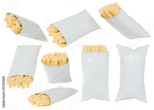 Open and close bag of corn puff snacks spilling out from different angles transparent background - 3D rendering