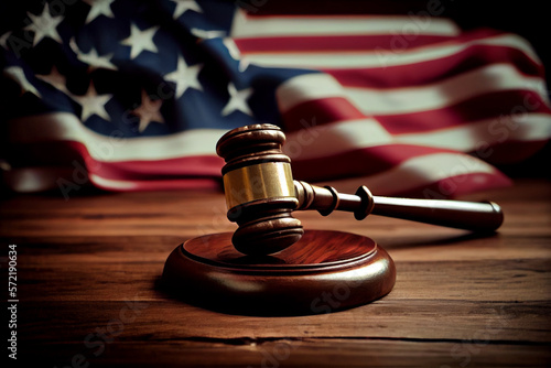American flag, a golden scale and a judges gavel symbolizing the American justice system or the Judicial Branch of government