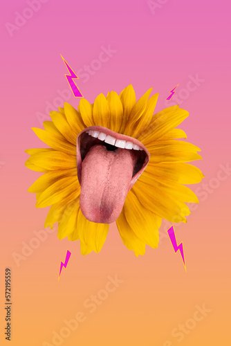 Vertical collage artwork photo of sunflower petals blossom crazy lick tongue out uneducated psychedelic psychedelic isolated on gradient background