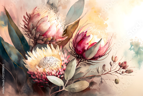 Watercolor illustration of protea flowers. Natural floral background.