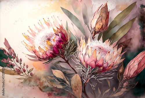Protea flower still life. Floral digital painting in watercolor style. Generative AI.