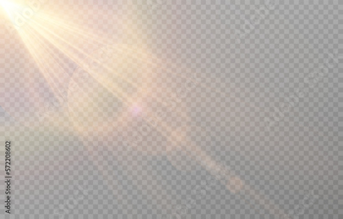 Vector sun light with glare. Golden flash png. Sun rays png. Glare from the sun, dawn, light effect.