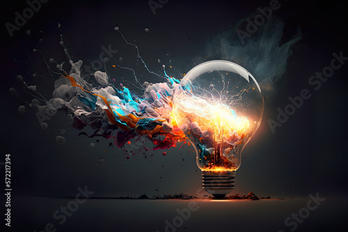 Lightbulb eureka moment with Impactful and inspiring artistic colourful explosion of paint energy Generative Ai