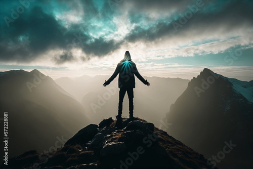 Silhouette of a hiker on top of a mountain. Generative ai. 