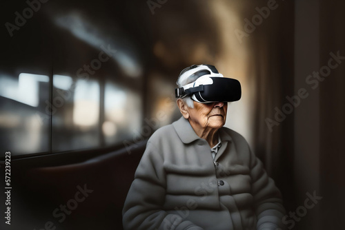 Une personne agée avec un casque de réalité virtuelle sur la tête VR - generative AI