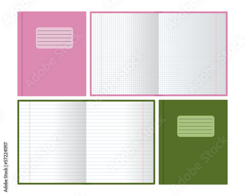 Open and closed notebook or copybook with squared and line sheets