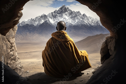 Generative AI Illustration of a sitting Tibetan Buddhist monk looking at the mountains of the Himalayas