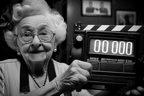 Movie actress audition portrait with clapperboard, elderly caucasian woman smiling looking at camera, black and white. Generative AI