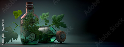 Medicine bottle with green plants leaves and sprouts, concept of naturopathy and healthy lifestyle medical science. Banner, horizontal copy space, generative AI illustration