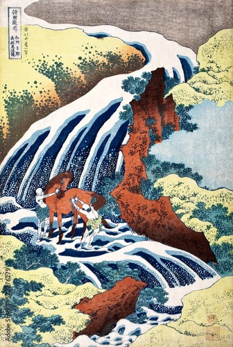 Hokusai's The Yoshitsune horse-washing falls at Yoshino, Izumi Province (1833–1834) vintage Japanese woodblock print.