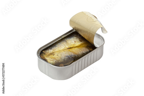 Opened sardine preserve fish can isolated on a transparent background