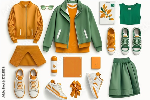 Outfit naranja y verde deportivo, set de ropa informal, vestimenta casual para el día a día primavera verano