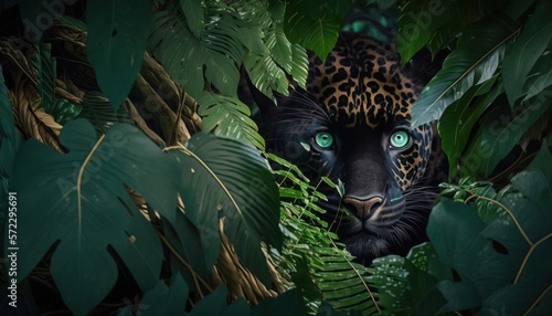 Leopardo escondido en la jungla, creado con IA generativa