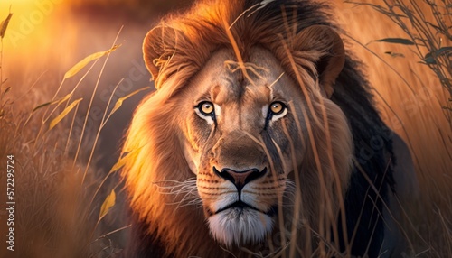 Fotografía profesional león en la sabana al atardecer, León macho adulto muy detallada, creado con IA generativa