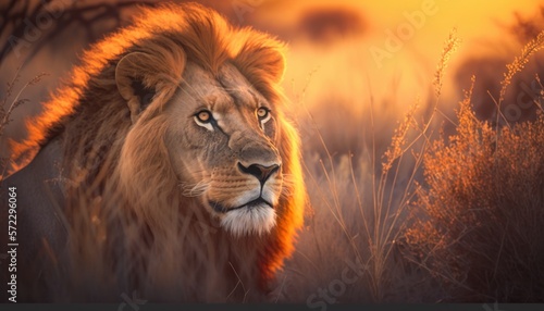Fotografía profesional león en la sabana al atardecer, León macho, rey de la naturaleza, creado con IA generativa