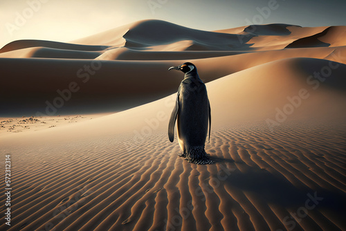 Climate Change concept Penguin walking in the desert. AI Generative Illustration