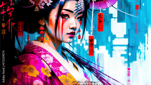 A modern drawing of a geisha in japan. Geisha in classic Japanese costume. Drawing of a Japanese woman in a classic costume. Geisha drawing in Japanese culture. Colorful makeup in Japan. Generative AI