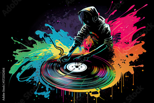 a dj spinning and scratching records. vector illustration, music is dripping, vivid and vibrant colors, light background