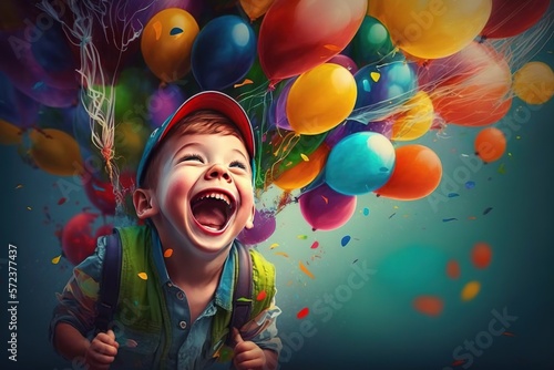 Happy kid boy having fun flying up with air ballons. Generative AI