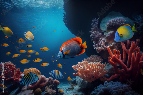 Marine ecosystem with tropical fish and reef in the deep sea. Created with Generative AI technology
