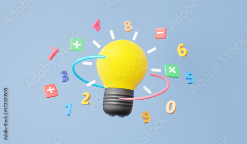 Yellow light bulb with idea invention symbols math, plus, minus, multiplication, arithmetic game learn counting number concept. floating on sky blue background. finance education. 3d rendering