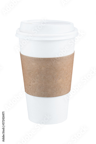 Takeaway paper coffee cup with brown sleeve isolated on white. Full Depth of field. Focus stacking. PNG