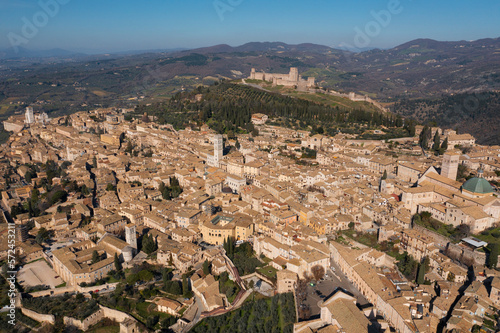 front aerial view of the city of assisi umbria