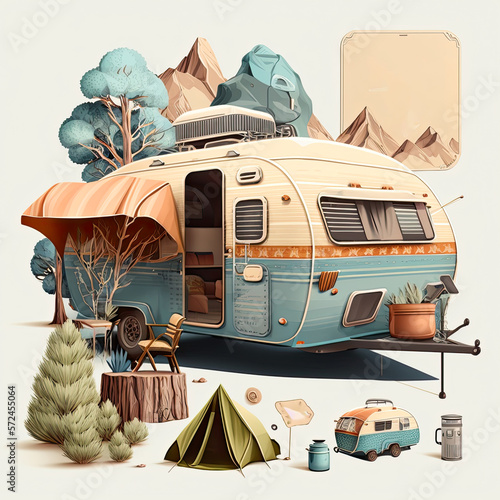 camping design illustration , vintage vanlife style, digital art. Ai generative