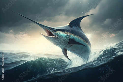 The swordfish jumps out of the rough ocean, illustration generative AI