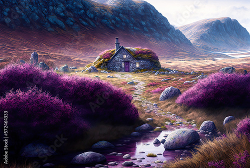 Scotland landscape, purple heather. Generative AI