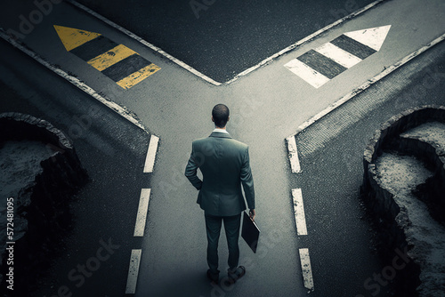 Businessman stands at a fork in the road and looks where he should go, concept of Decision-Making and Dilemma, created with Generative AI technology