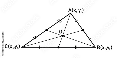 Centroid formula of a triangle. The intersection of the three medians. Vector illustration isolated on white background.