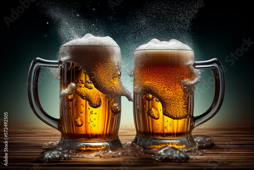 two cold pitchers of beer on a wooden table. Generative AI