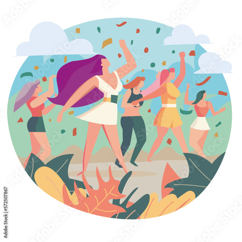 Ilustración editable en vectores, con mujeres teniendo una fiesta de verano en la playa con confeti y marco de hojas multicolor.
