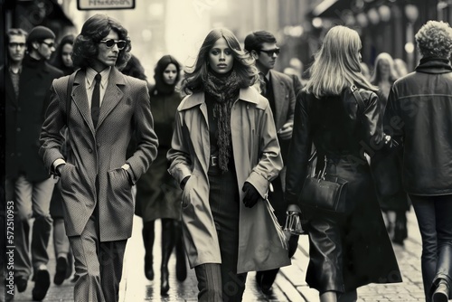 Vintage picture of a young stylish couple walking in a city street in 1970. Generative AI