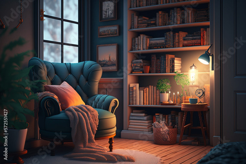 a cozy reading nook decoration with a comfortable chair, soft lighting, and shelves filled with books and decorative objects Generative AI