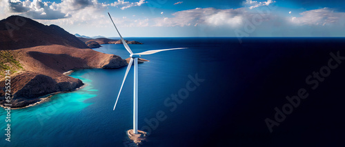 Clean, Renewable Energy in the Aegean Sea: Experience the Power of Our State-of-the-Art Wind Turbines with a Stunning Backdrop of Nature. Copy space, Generative AI