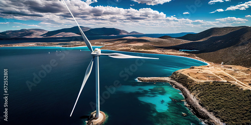 Clean, Renewable Energy in the Aegean Sea: Experience the Power of Our State-of-the-Art Wind Turbines with a Stunning Backdrop of Nature. Copy space, Generative AI