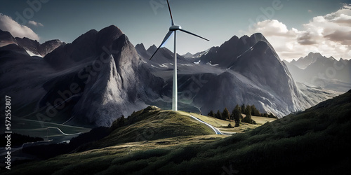 Clean, Renewable Energy in the Alpine Mountains: Experience the Power of Our State-of-the-Art Wind Turbines with a Stunning Backdrop of Nature. Copy space, Generative AI