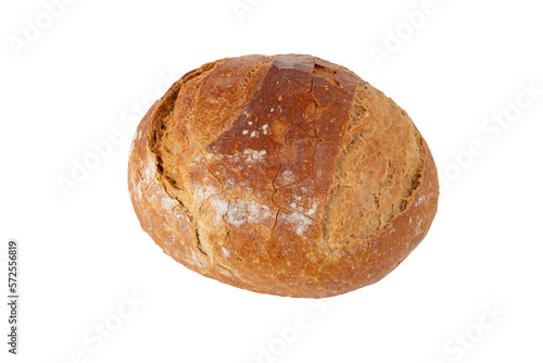 Rye and wheat sourdough bread round loaf with crispy crust isolated transparent png. 