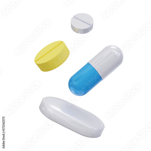 White, yellow and blue capsules isolated on transparent background. 3d render. PNG. Tablets, medicine concept. 3D rendering, ui, ux. Pills. Health